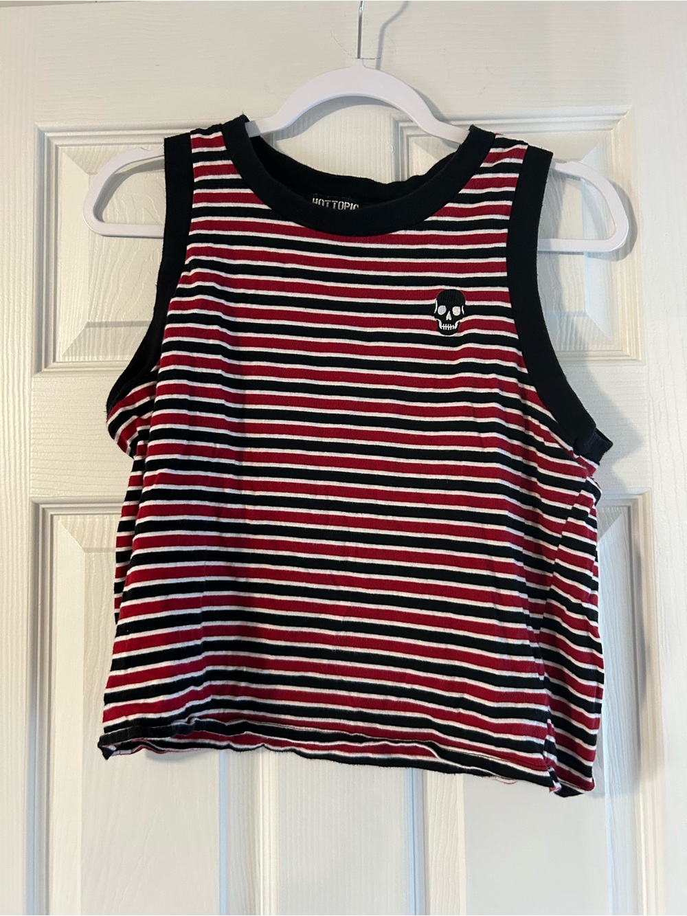 HotTopic Red & Black Striped Crop Tank with Skull Girls Large